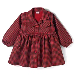 Babyhug Suede Woven Full Sleeves Winter Frocks with Checks - Maroon-picture-12