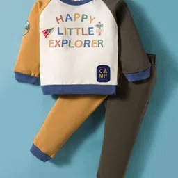ToffyHouse Knitted Full Raglan Sleeves T-Shirt & Joggers Set with Happy Little Explorer Text Print - Brown & Tan-picture-11