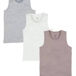 Kiddopanti Cotton Knit Pack of 3 Sleeveless Solid Vests - Brown White Grey & Melange-picture-18