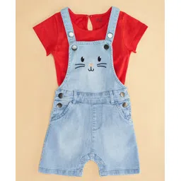 YU by Pantaloons Cat Face Design  Dungaree With Half Sleeves Tee Set - Light Blue image 3