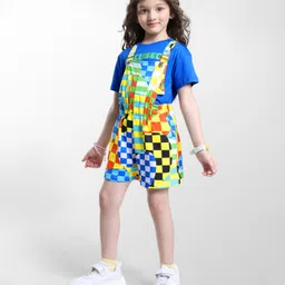 OLLINGTON ST. 100% Cotton Knit Half Sleeves Dungaree &T-Shirt with Checks Print & Text Print -Blue & Yellow image 3