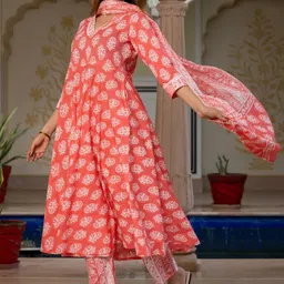 KALINI Women Peach Floral Printed Anarkali Kurta & Trousers with Dupatta image 2