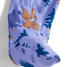 Babyhug Cotton Knit Full Sleeves Sleepsuit With Animal Print - Lavender image 5