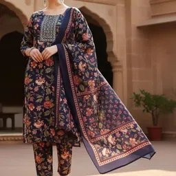 NAVYAAZRI Women Floral Printed Regular Thread Work Kurta with Trousers & With Dupatta-picture-29