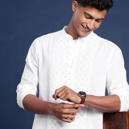 Taavi Chikankari Floral Embroidered White Romance Pure Cotton Kurta-picture-16