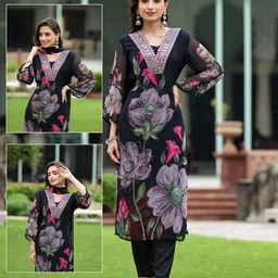 ZAIERRA Women Floral Printed Regular Thread Work Kurta with Trousers & With Dupatta image 5