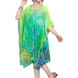 Exotic India Women Sharp-Green Georgette Diaphanous Printed Short Kaftan image 3
