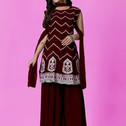 PARROT CREATION Floral Embroidered Georgette Kurti With Sharara And Dupatta-picture-26
