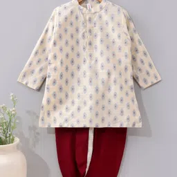 Babyhug Full Sleeves Brocade Kurta & Dhoti Set  All Over Printed - White Red-picture-20