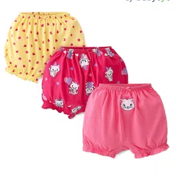 Babyoye Cotton Knit Eco Conscious Kitty & Heart Print Bloomers Pack of 3 - Pink Yellow & Red-picture-36