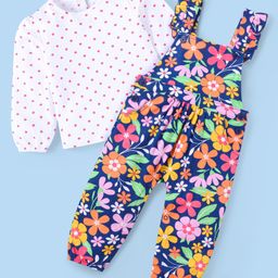 Babyhug Single Jersey Knit Full Sleeves Polka Dots & Floral Printed T-Shirt & Dungaree Set - Navy Blue-picture-32
