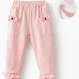 Kookie Kids Full Length Polka Dots Printed Lounge Pant with Bow & Frill Detailing - Pink-picture-15