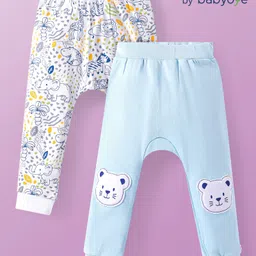 Babyoye 100% Cotton Knit Full Length Animal Printed Diaper Leggings Pack of 2 - White & Blue-image-29