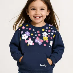 Babyhug Fleece Knit Full Sleeves Floral Applique & Butterfly Printed Sweatshirt - Navy Blue-picture-28