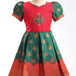 Enfance Half Puffed Sleeves Floral Foil Printed & Paisley Embroidered Pattu Pavdai Dress - Bottle Green-image-3