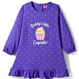 Babyhug Cotton Knit Full Sleeves Nighty With Text & Polka Dots Print - Violet-image-88