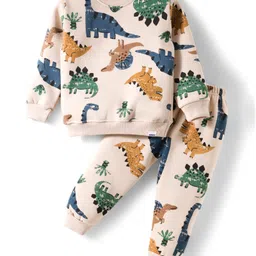 Teddy Fleece Knit Winter Wear Co-ords Night Suit With Dino Print - Beige-picture-18