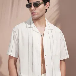 HIGHLANDER Relaxed Fit Striped Cuban Collar Cotton Casual Shirt-picture-31