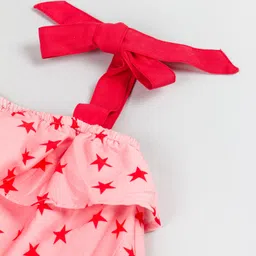 Hugsntugs Woven Cotton Sleeveless Star Printed Top - Pink & Red image 4