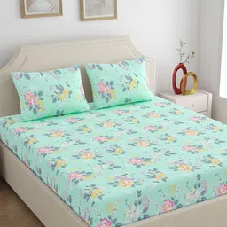 Home Ecstasy Green Floral Print 140 TC Cotton Bedsheet With 2 Pillow Covers-image-45