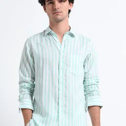 MARTIN SMITH Men Comfort Fit Vertical Striped Spread Collar Linen Casual Shirt-picture-32