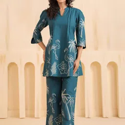 JISORA Printed Mandarin Collar Pure Cotton Tunic With Palazzo Co-Ords-image-6