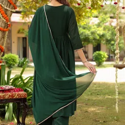 Janasya Women Floral Embroidered Pleated Sequinned Kurta with Trousers & With Dupatta image 3