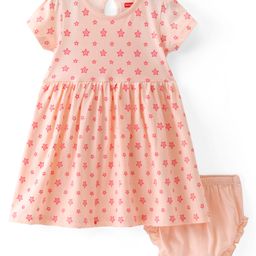 Babyhug Cotton Knit Half Sleeves Frock & Bloomer With Stars Print - Peach-picture-6