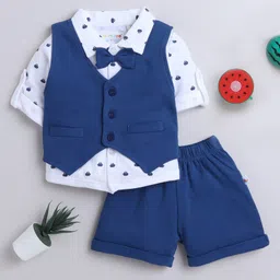 BUMZEE Full Sleeves Solid & Abstract Printed 3 Piece Shirt With Shorts - Navy & White-picture-23