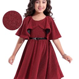 Hola Bonita Flared Sleeves Knee Length  Glittered Frock  - Red-picture-28