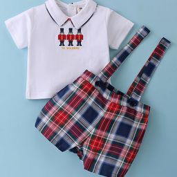 ToffyHouse Cotton Yarn Dyed Checks Shorts with Half Sleeves Solider Embroiderer Top - Red & White-image-86