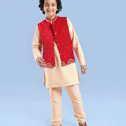 Pine Kids Woven Full Sleeves Solid Kurta Pyjama Set with Embroidered Jacket - Red-picture-19