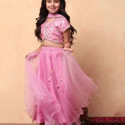 BIBA Half Sleeves Foil Printed & Lace Embellished Lehenga Choli Set - Pink-image-21