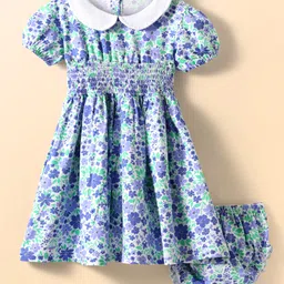 Babyhug Cotton Knit Half Puffed Sleeves Floral Printed Peter Pan Collared Frock with Bloomer & Smocking - Light Blue-image-60