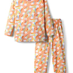 Babyhug Cotton Knit Full Sleeves Co-Ord Night Suit With Star Print - Orange-picture-25