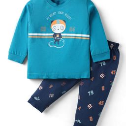 Zero Sinker Knit Full Sleeves Night Suit With Sports Theme Print - Navy Blue & Teal Blue-picture-1