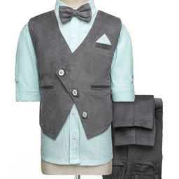 Rikidoos Full Sleeves Striped 3 Piece Party Suit Set With Bow - Grey & Sea Green-picture-36