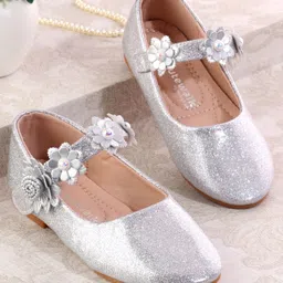 Cute Walk by Babyhug Velcro Closure Shimmery Ballerina with Floral Applique - Silver-picture-20