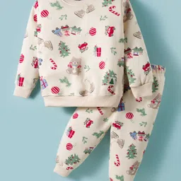 Teddy Fleece Knit Full Sleeves Winter Wear Night Suit With Christmas Print - Beige-picture-32