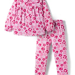 Babyhug Cotton Knit Full Sleeves Co-ords Night Suit With Floral Print - Pink-picture-11