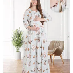Quira Viscose Woven Three Fourth Sleeves Floral Printed Maternity Nighty With Concealed Side Zipper Nursing Access - Pista-picture-23