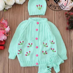 Woonie Hand Knit Full Sleeves Floral Designed Sweater Set with Cap and Booties - Green-image-60
