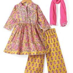 Babyhug Cotton Woven Three Fourth Sleeves Floral Printed Kurti with Palazzo & Dupatta Set - Mustard & Pink image 3