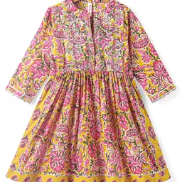 Babyhug Cotton Woven Three Fourth Sleeves Floral Printed Kurti with Palazzo & Dupatta Set - Mustard & Pink image 4