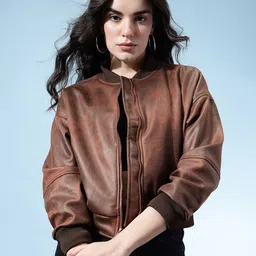 glitchez Faux Leather Trim Stand Collar Drop-Sleeves Relaxed Fit Crop Bomber Jacket-picture-23