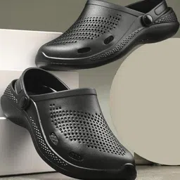 SZN Men Black Slip On Laser Cut Textured Rubber Clogs With EVA Sole-picture-28