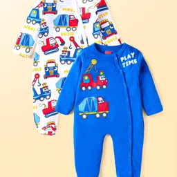 Babyhug Cotton Knit Full Sleeves Sleep Suits With Construction Vehicles Print Pack Of 2 - White & Navy image 1