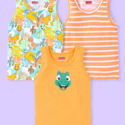 Babyhug 100 % Cotton Knit Sleeveless Striped & Dino Printed Sandos Pack of 3 - Orange & White-image-52