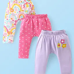 Babyhug Interlock Knit Full Length Diaper Leggings Polka Dots & Floral Print Pack of 3 - Pink & Lilac-image-29
