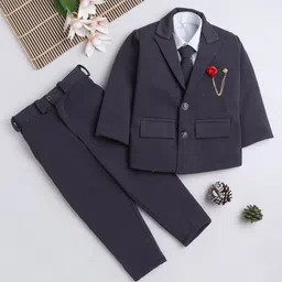 Fourfolds Full Sleeves Solid Blazer With Shirt Pant & Tie Set - Grey-picture-20